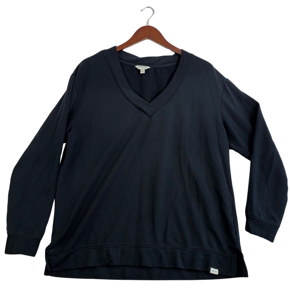 Orvis Classic Collection Womens L Navy Blue V Neck Fleece Sweatshirt Pullover
